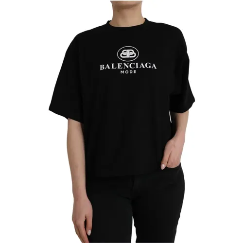 Schwarzes Baumwoll-Logo-T-Shirt mit Rundhalsausschnitt und kurzen Ärmeln - Balenciaga - Modalova