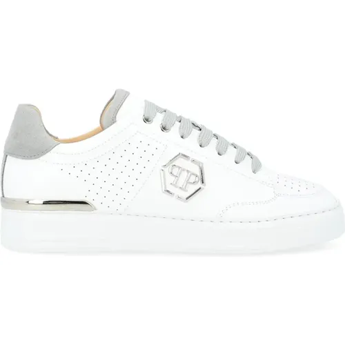 Weiße perforierte Leder Lo-Top Sneaker mit grauen Details - Philipp Plein - Modalova