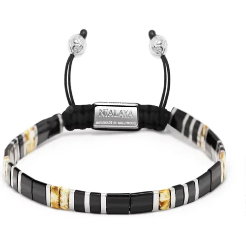 Men's Bracelet with , White Marbled and Silver Miyuki Tila Beads , Herren, Größe: M - Nialaya - Modalova