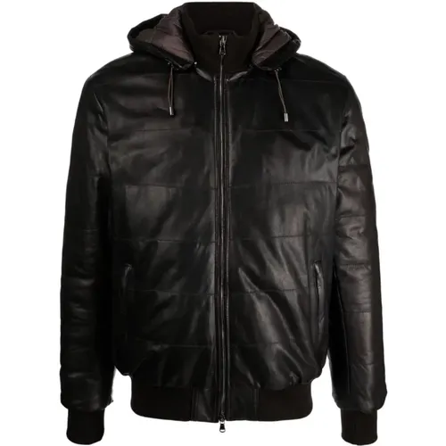 Detachable Hood Leather Jacket , male, Sizes: 3XL, L - Barba - Modalova