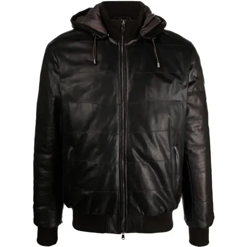 Detachable Hood Leather Jacket , male, Sizes: L - Barba - Modalova