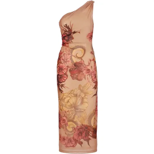Pink One Shoulder Tattoo Print Dress , female, Sizes: M - alberta ferretti - Modalova