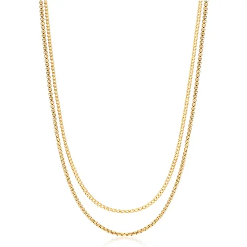 Gold Necklace Layer with 3mm Cuban Link Chain and 3mm Box Chain - Nialaya - Modalova