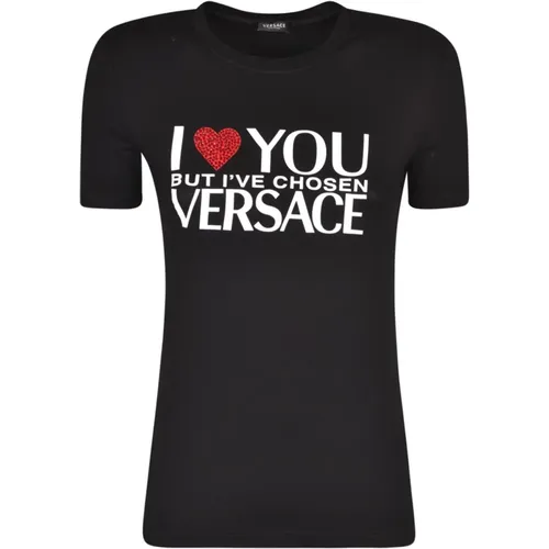 Slogan Print Rhinestone T-Shirt , female, Sizes: 2XS - Versace - Modalova