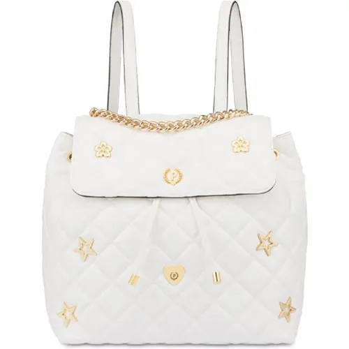 Gesteppter weißer glänzender Rucksack mit goldenen Metall-Details - Pollini - Modalova