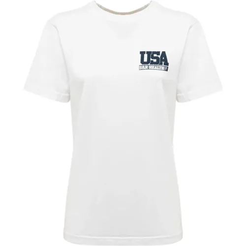 Einfarbiges Baumwoll-T-Shirt mit Team USA Print , Damen, Größe: XS - Sporty & Rich - Modalova