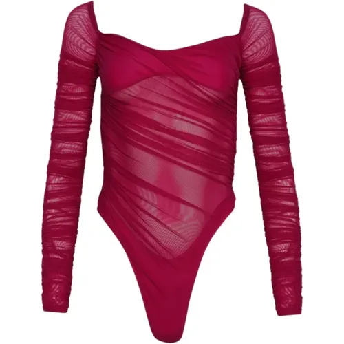 Magenta Ruched Mesh Bodysuit , female, Sizes: XS - Mugler - Modalova