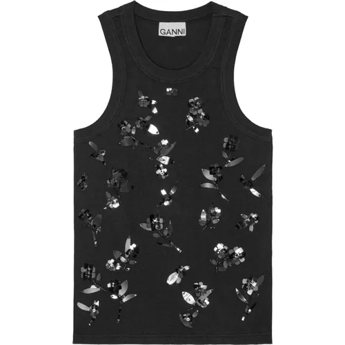 Schwarzes Paillettenverziertes Shirt mit Scoop Neck , Damen, Größe: S - Ganni - Modalova