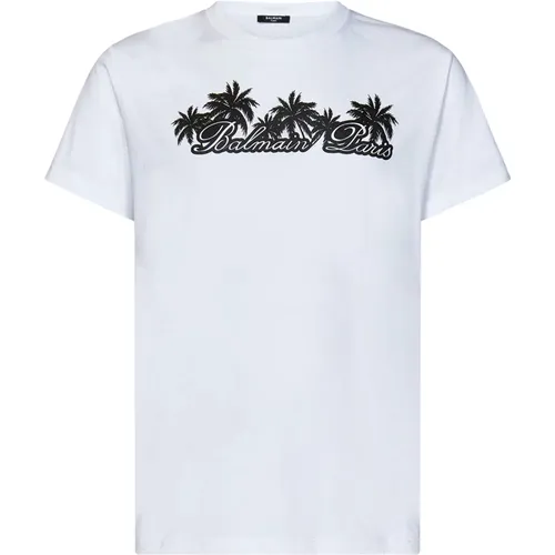 Weißes T-Shirt mit Palm Tree Logo - Balmain - Modalova