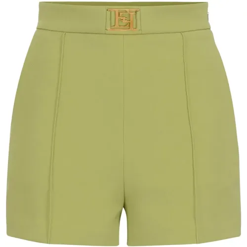 High-waisted Stretch Crepe Shorts with Gold Metal Logo Plate , female, Sizes: M, S - Elisabetta Franchi - Modalova