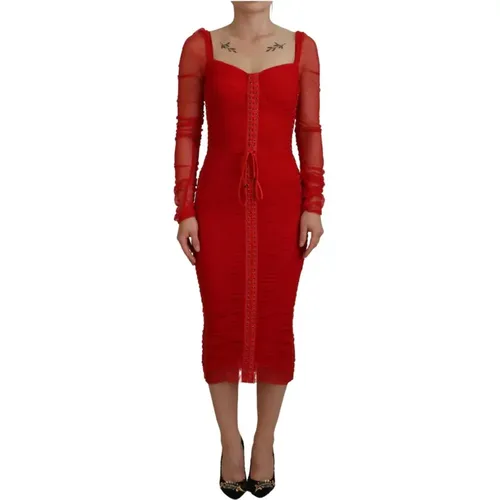 Rotes Korsett Mesh Midi Kleid - Dolce & Gabbana - Modalova