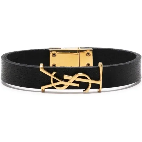 Smooth Leather Bracelet with Gold Metal Logo , male, Sizes: M - Saint Laurent - Modalova