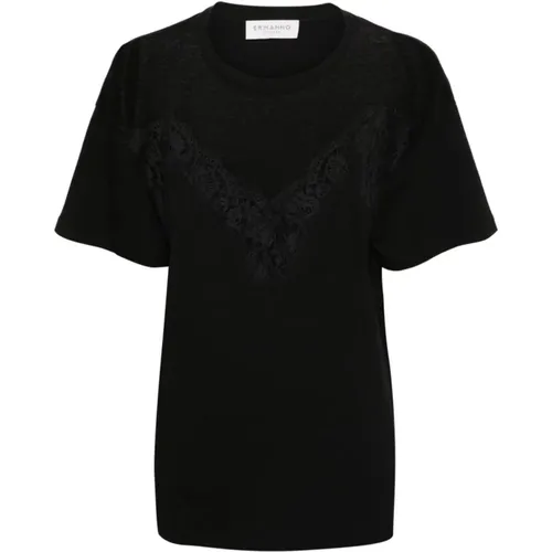 Schwarzes T-Shirt mit Blumen-Spitze und Mesh-Einsatz - Ermanno Scervino - Modalova