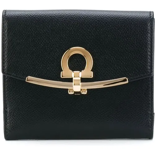 Schwarze Lederbrieftasche mit Klappe und mehreren Kartenfächern , Damen, Größe: ONE Size - Salvatore Ferragamo - Modalova