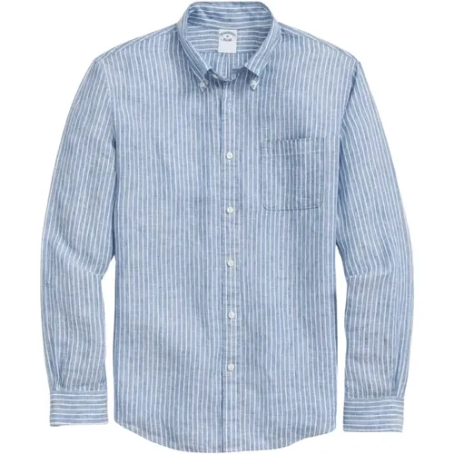 Blau Weiß Gestreiftes Regular Fit Leinen-Sportshirt mit Button-Down-Kragen , Herren, Größe: S - Brooks Brothers - Modalova