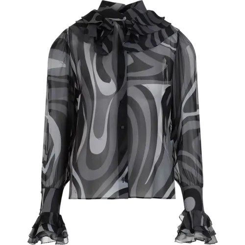Silk Waved Pattern Shirt Black , female, Sizes: 2XS - EMILIO PUCCI - Modalova