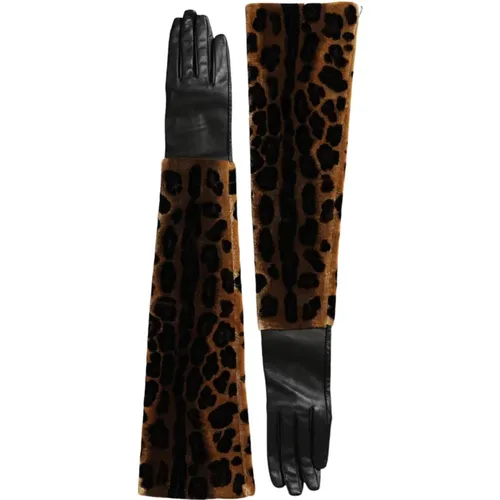 Leopard Leather Elbow Length Gloves , female, Sizes: 6 1/2 IN - Dolce & Gabbana - Modalova