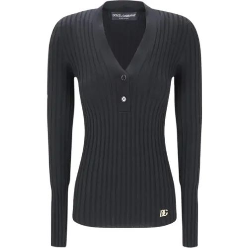 Stretch Wool Sweaters with Button Detail , female, Sizes: M - Dolce & Gabbana - Modalova