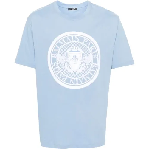 Blau Logo Print Crew Neck T-shirt - Balmain - Modalova