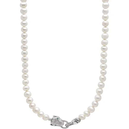 Pearl Necklace with Silver Panther Head Lock , male, Sizes: ONE SIZE - Nialaya - Modalova