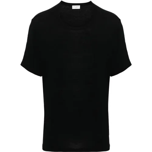 Schwarzes T-Shirt mit Rundhalsausschnitt aus Viskose und Wolle - Saint Laurent - Modalova