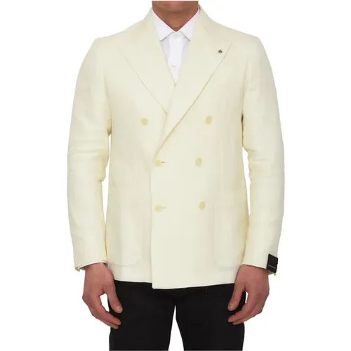 Cream Linen and Virgin Wool Double-Breasted Jacket , male, Sizes: S - Tagliatore - Modalova