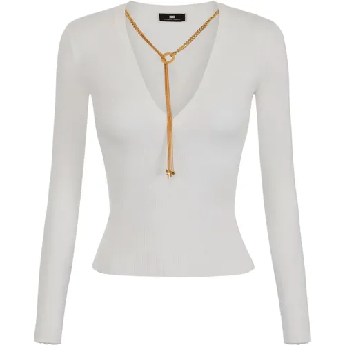 Ribbed V-Neck Sweater with Gold Metal Necklace , female, Sizes: L - Elisabetta Franchi - Modalova