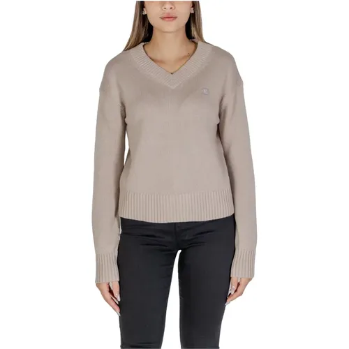 Bestickter V-Ausschnitt Baumwollpullover , Damen, Größe: XS - Calvin Klein Jeans - Modalova