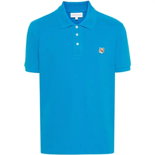 Blaues Polo-Shirt mit Fox Head Patch - Maison Kitsuné - Modalova