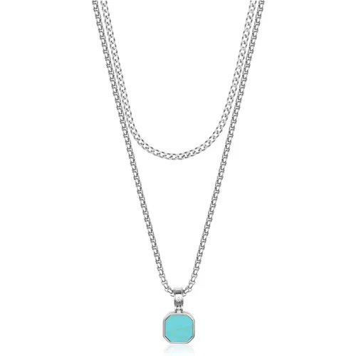 Silver Necklace Layer with 3mm Cuban Link and Turquoise Square Necklace - Nialaya - Modalova