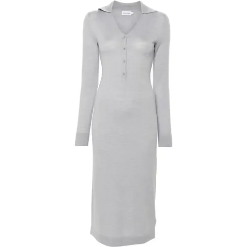 Strick V-Ausschnitt Midi Kleid Grau , Damen, Größe: M - Calvin Klein - Modalova