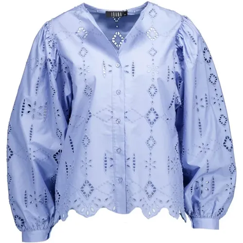 Lichtblauw Blouse with Broderie Anglaise and Puff Sleeves , female, Sizes: L, S - Ibana - Modalova