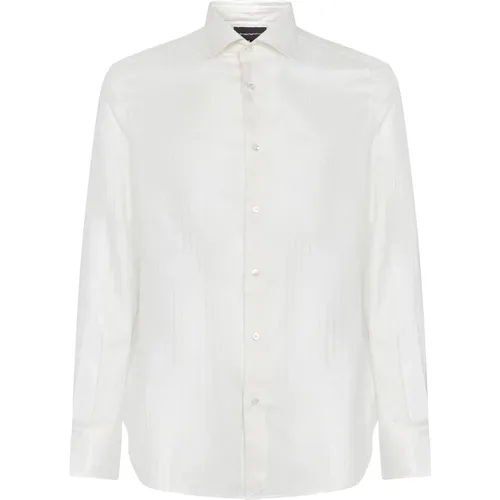 Perforiertes Gestreiftes Weißes Baumwollhemd , Herren, Größe: L - Emporio Armani - Modalova
