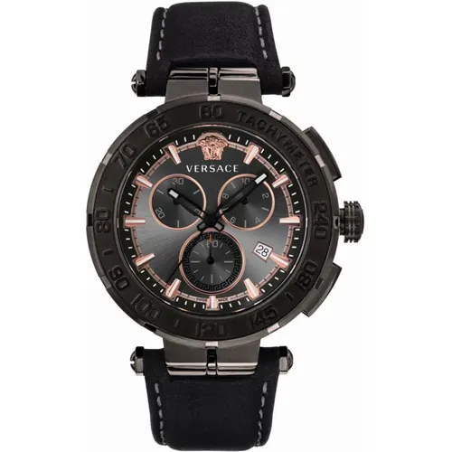 Greca Chrono Leather Chronograph Watch , male, Sizes: ONE SIZE - Versace - Modalova