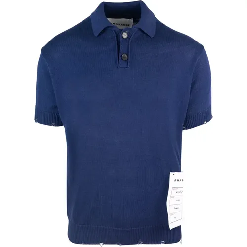 Blaues Baumwoll-Poloshirt mit geripptem Abschluss - Amaránto - Modalova