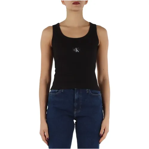 Cropped Cotton Shirt with Front Logo Patch , female, Sizes: S, M - Calvin Klein Jeans - Modalova