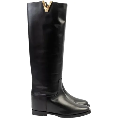 Schwarze hohe Stiefel mit V-Detail , Damen, Größe: 36 EU - Via Roma 15 - Modalova