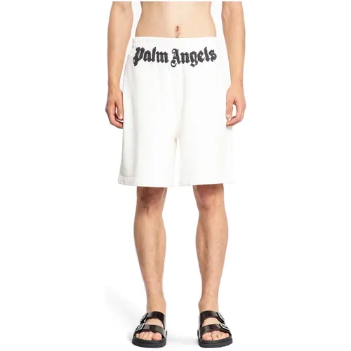 Klassische Logo Sweatshorts Schwarz,Weiße Baumwoll-Bermuda-Shorts mit Logo - Palm Angels - Modalova