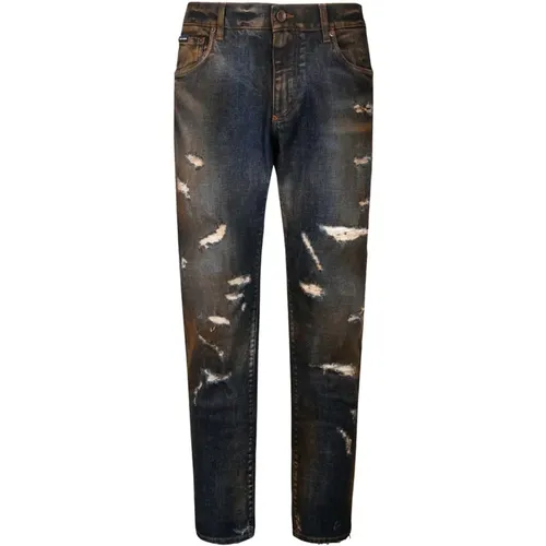 Schwarze gebleichte Slim Fit Jeans - Dolce & Gabbana - Modalova