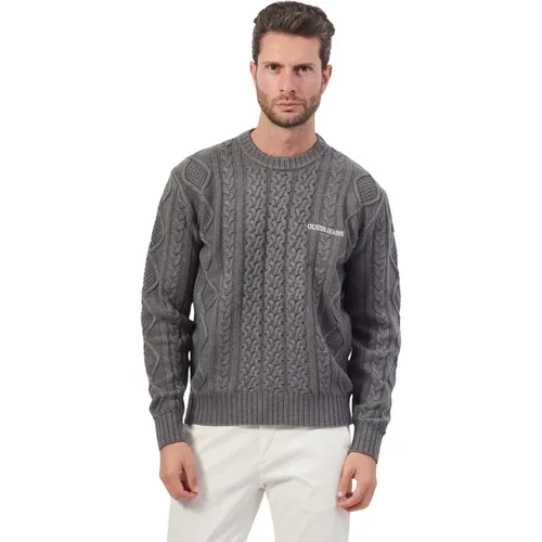 Grauer Pullover mit Frontgeflecht , Herren, Größe: XL - Guess - Modalova