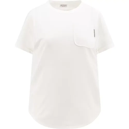 Weißes T-Shirt mit Rundhalsausschnitt und Tasche , Damen, Größe: S - BRUNELLO CUCINELLI - Modalova