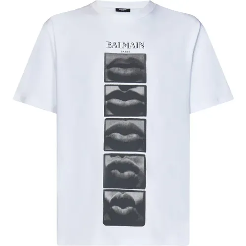 Weißes T-Shirt mit Lippenmotiv , Herren, Größe: M - Balmain - Modalova