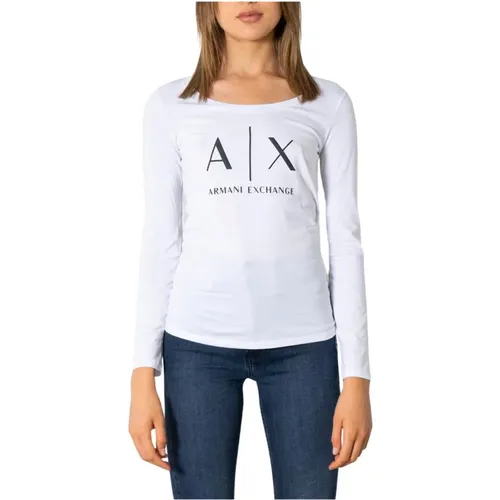 Weißes Langarm Rundhals T-Shirt , Damen, Größe: XL - Armani Exchange - Modalova