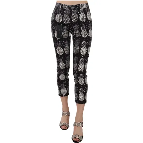 Schwarze Skinny Capri Hose mit Ananasdruck , Damen, Größe: XS - Dolce & Gabbana - Modalova