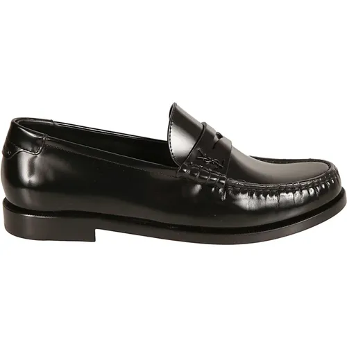 Schwarze flache Loafer Schuhe,Schwarze Loafer Logo Plaque Flache Schuhe - Saint Laurent - Modalova