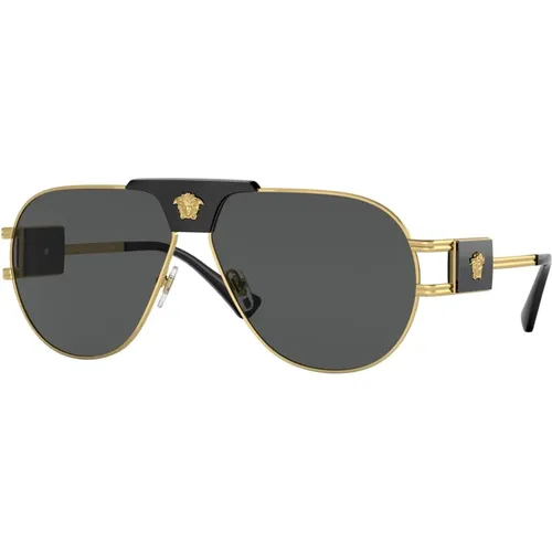 Gold Schwarze Sonnenbrille mit Dunkelgrau , Herren, Größe: 63 MM - Versace - Modalova