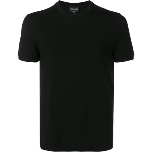 Schwarzes Slim Fit T-Shirt mit Besticktem Logo , Herren, Größe: L - Giorgio Armani - Modalova