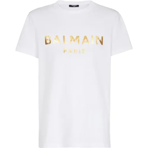 T-Shirt aus Ã–ko-Baumwolle mit aufgedrucktem Metallic-Logo - Balmain - Modalova