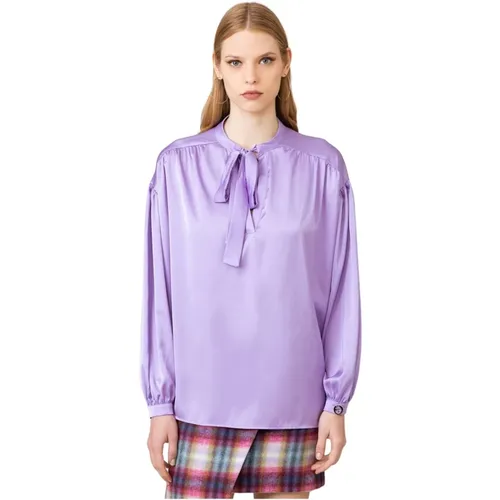 Satin blouse with bow , female, Sizes: XS, S - Gaëlle Paris - Modalova