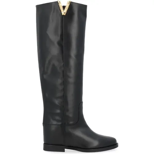 Leather Boot with Faceted Metal V , female, Sizes: 7 1/2 UK, 6 UK, 7 UK, 3 1/2 UK - Via Roma 15 - Modalova